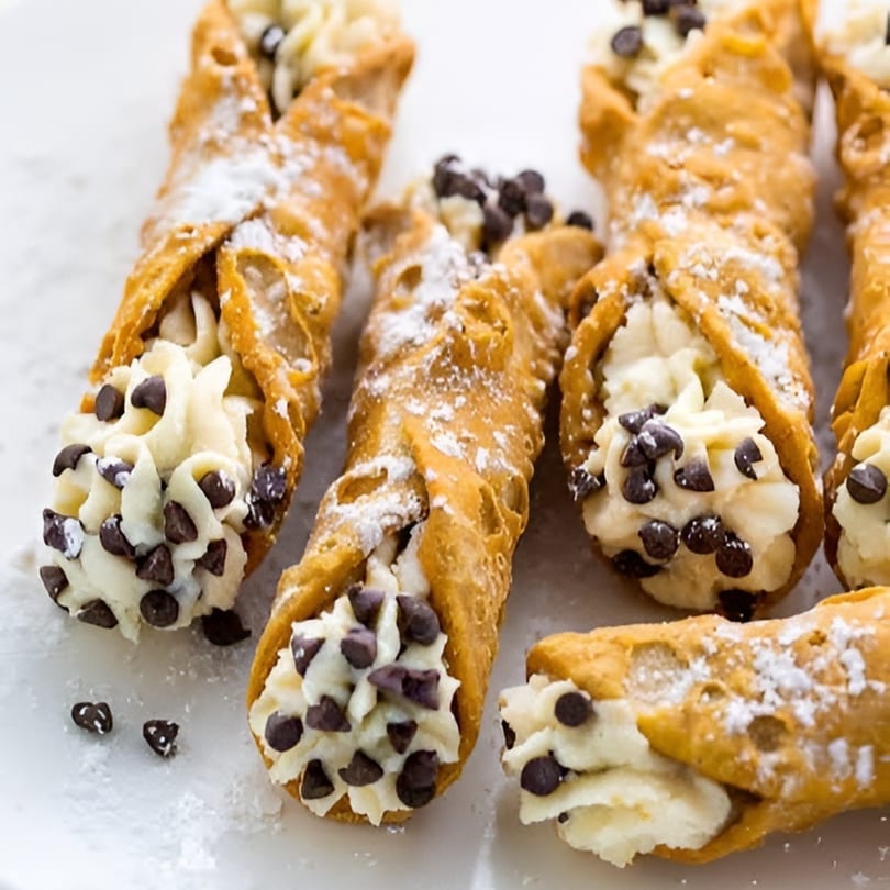 Several cannolis filled with cream and chocolate chips, dusted with powdered sugar on a white plate.