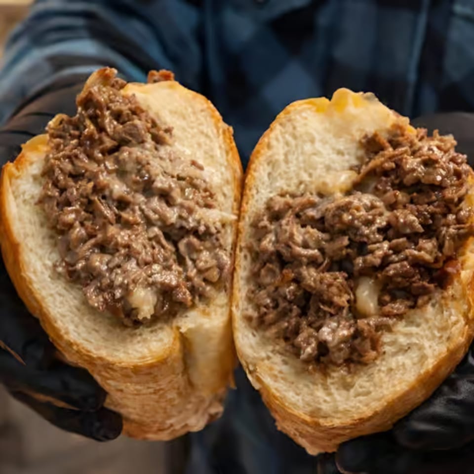 Hands in black gloves holding a Cosmo's cheesesteak, sliced in half, revealing melted cheese and steak.
